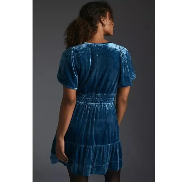 Anthropologie The Somerset Mini Dress: Velvet Edition in Blue Size XXS NWT - Picture 11 of 16
